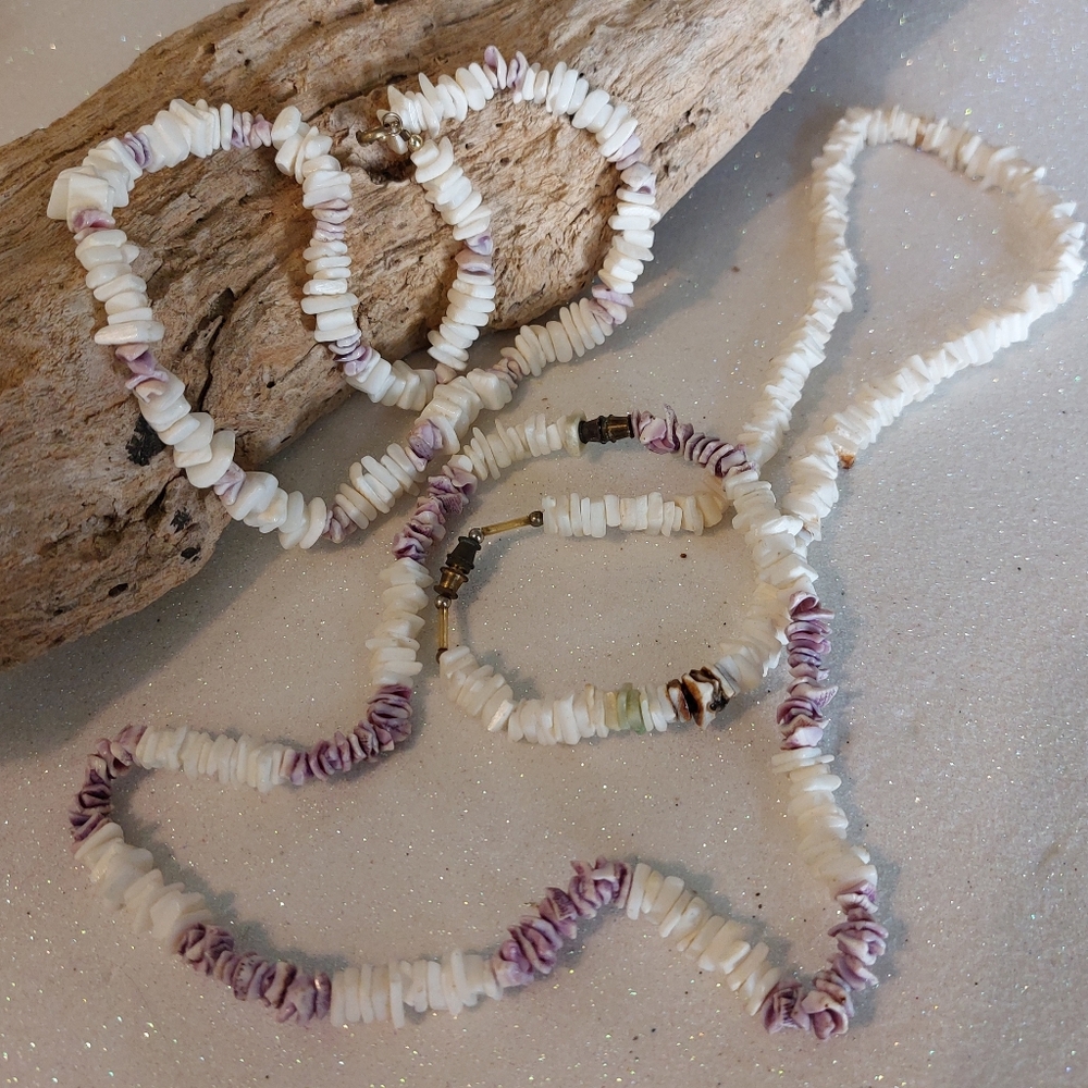 Vintage Shell Chip Necklace Lot of 3 Purple White Beach Surfer Chokers, 16" Long